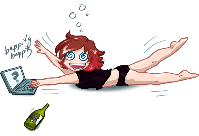 A doodle of a half-crazed Rachel bapping randomly on her keyboard as a bottle incriminatingly rolls across the floor.