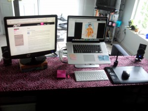 My wireless works space My almost wire-free computer station featuring pink leopard fur itso table and hot pink and brushed aluminum accessories.