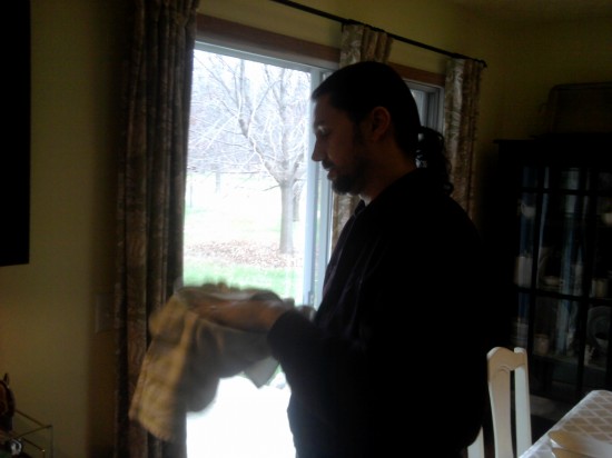 Cleans the dishes My husband dries the dishes